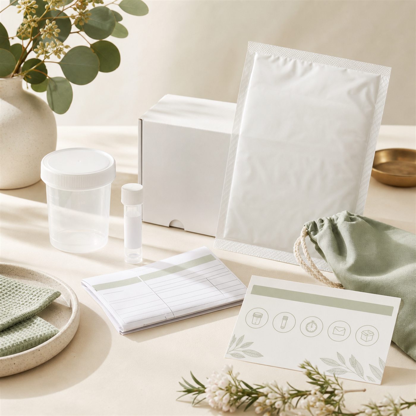 At-home organic acids test kit with sample containers and return packaging